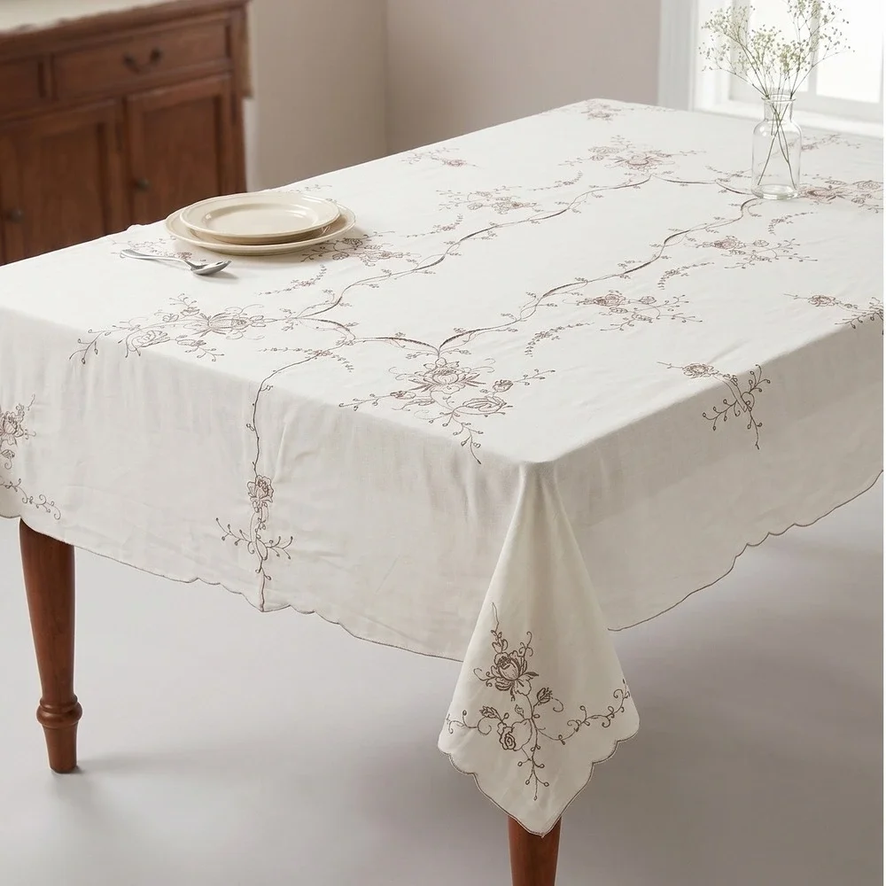Vintage Antique Hand Embroidered White Linen Tablecloth Scalloped Cutwork Floral